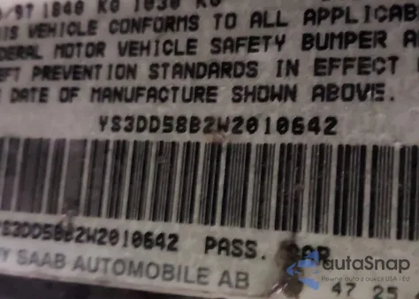 1998 Saab 900 S from USA, damaged, VIN YS3DD58B2W2010642